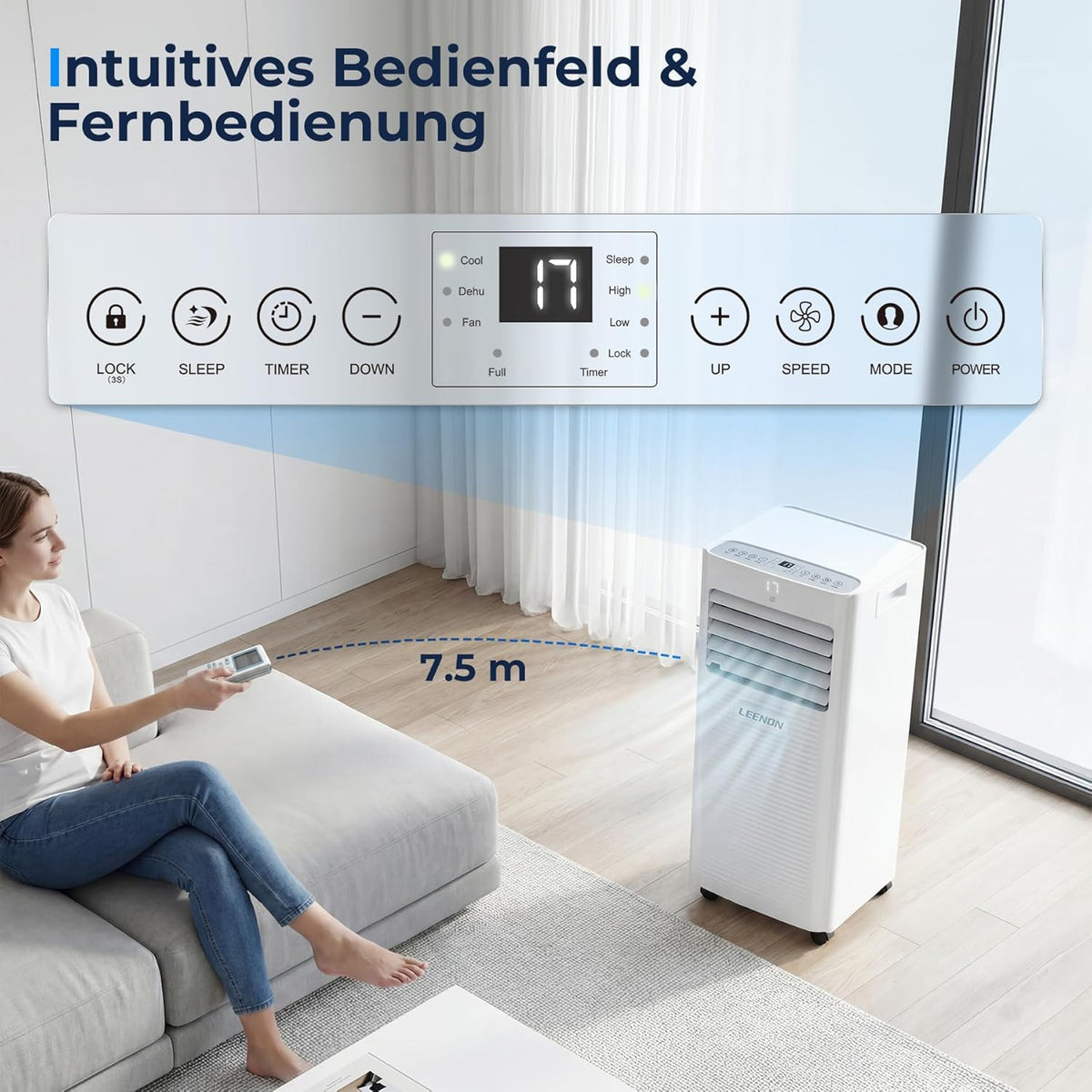 Aire acondicionado portátil 9000 BTU, LEENON 4 en 1, deshumidificador, ventilador y modo sueño, aire acondicionado móvil con tubo de escape, mando a distancia/temporizador 24h, aire acondicionado portátil para habitaciones de hasta 30 m²