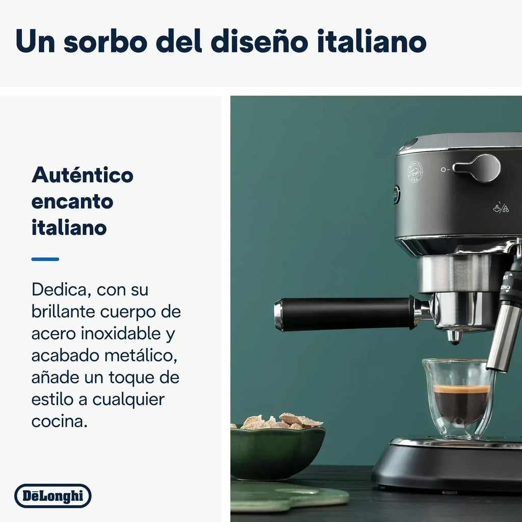 De'Longhi Dedica – Cafetera de bomba de acero inoxidable para café molido o monodosis, espresso y capuchino, depósito de 1,3 litros, sistema antigoteo, modelo EC685.M, color metal