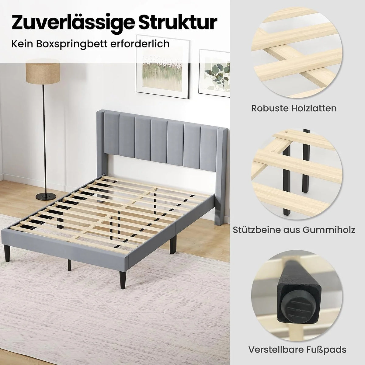 COSTWAY Rama łóżka na materac 200 x 140 cm, tapicerowany stelaż łóżka dwuosobowego, łóżko z podnóżkiem z zagłówkiem, drewniana podpora, regulowane podkładki pod stopy, kolor szary (Model I,L)