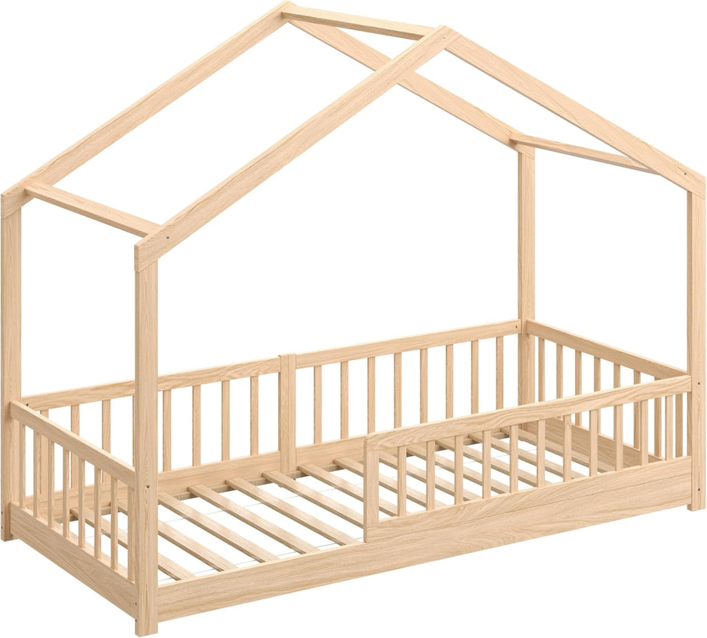 Cama infantil CADANI Malte 90x200 cm – Cama casita con barrera de seguridad extraíble, capacidad de carga de hasta 200 kg, somier de láminas enrollable, cama Montessori a ras de suelo de madera maciza de pino, natural