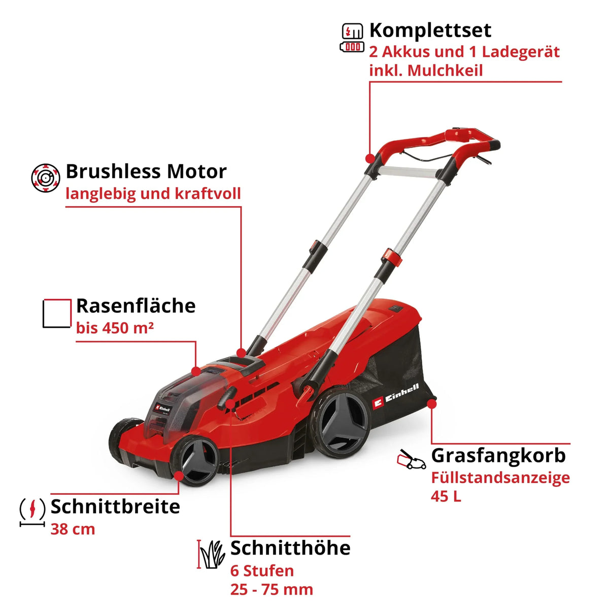 Cortacésped inalámbrico GP-CM 36/450 36 V, ancho de corte 38 cm, sin escobillas, cesta colectora de 45 l, 2 baterías de 4,0 Ah, cargador doble