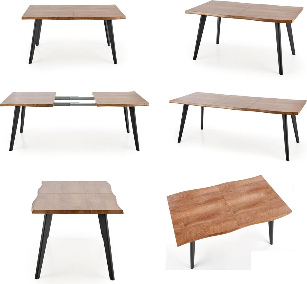 designimpex Mesa de comedor de diseño HAW-222, roble natural, chapa de madera auténtica, borde vivo, madera maciza, extensible de 120 a 180 cm, borde natural, mesa de comedor, mesa de cocina