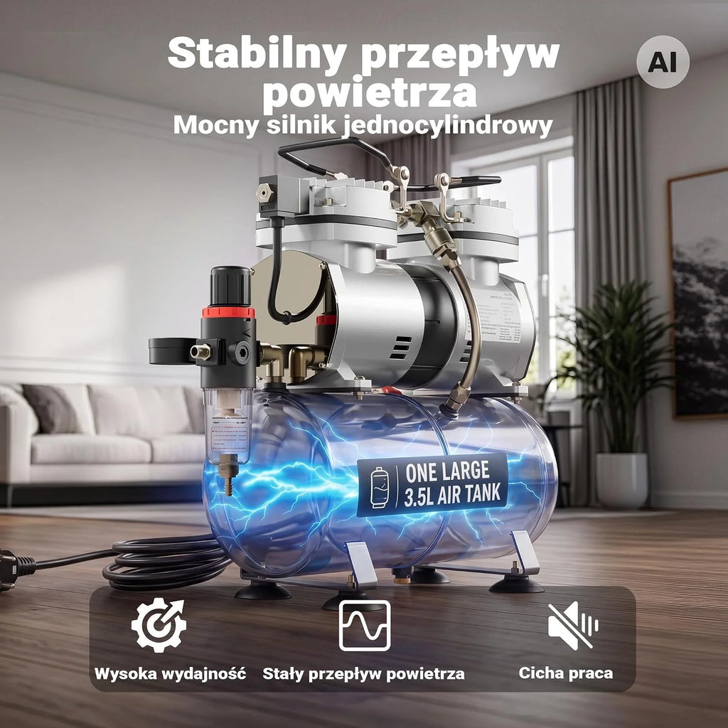 Kompresor AS196 do aerografu ze zbiornikiem powietrznym 2-cylindrowy 6 tłoki automatyczne wyłączanie