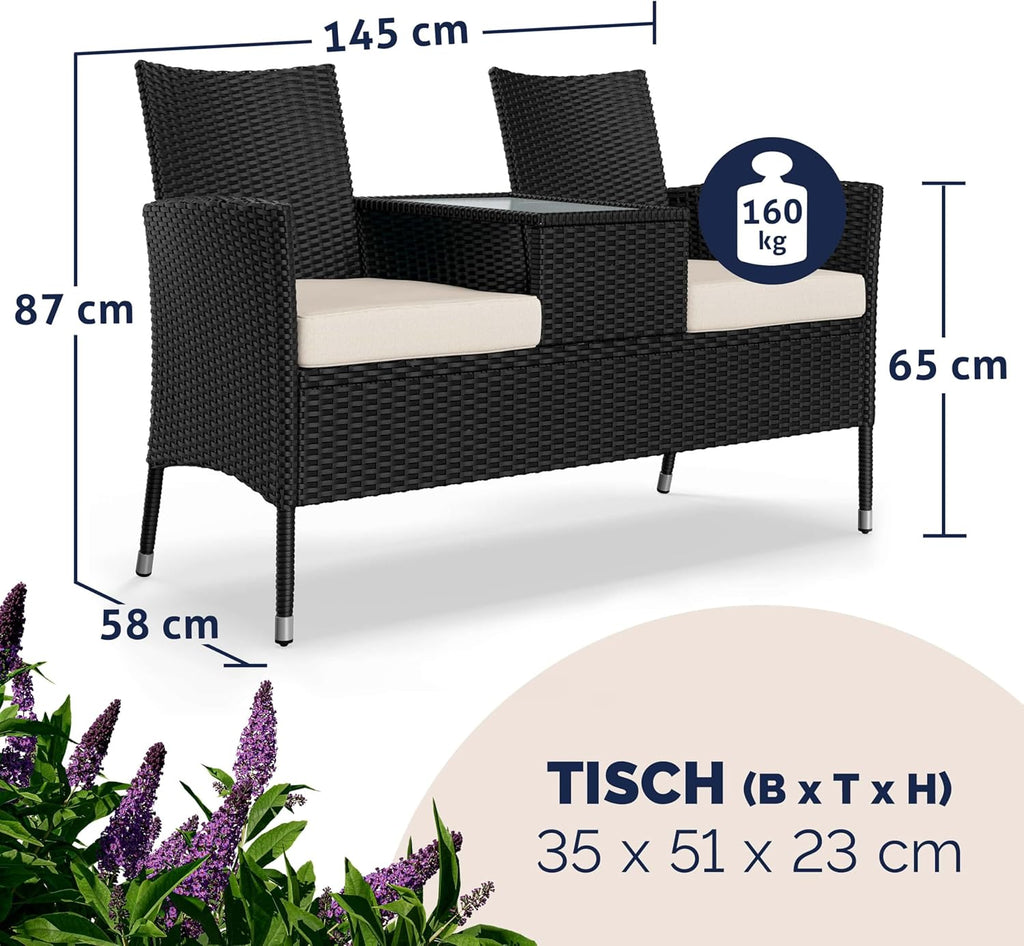 Banco de jardín Casaria® con cojines, resistente a la intemperie, polirratán, capacidad de carga de 320 kg, mesa auxiliar, resistente a los rayos UV, banco para jardín o balcón, 2 plazas, 143x55 cm, negro