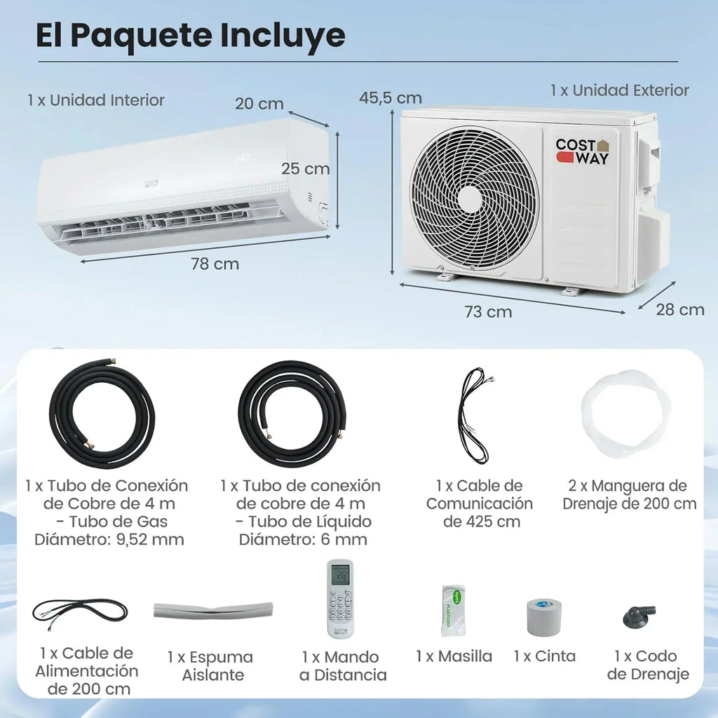 COSTWAY Aire Acondicionado Split, 2,6 kW, Aire Acondicionado con Calefacción con Bomba de Calor, Refrigerante: R32, Calefactor y Refrigerador con Kit de Instalación para Habitación de hasta 70m³ (9000BTU)