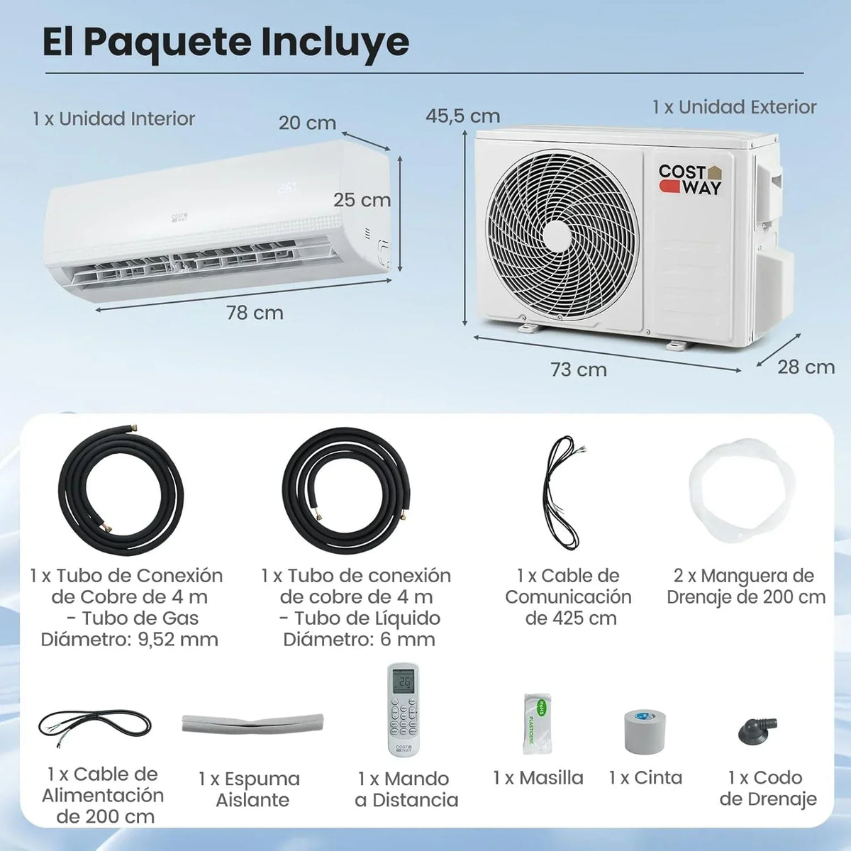 COSTWAY Aire Acondicionado Split, 2,6 kW, Aire Acondicionado con Calefacción con Bomba de Calor, Refrigerante: R32, Calefactor y Refrigerador con Kit de Instalación para Habitación de hasta 70m³ (9000BTU)