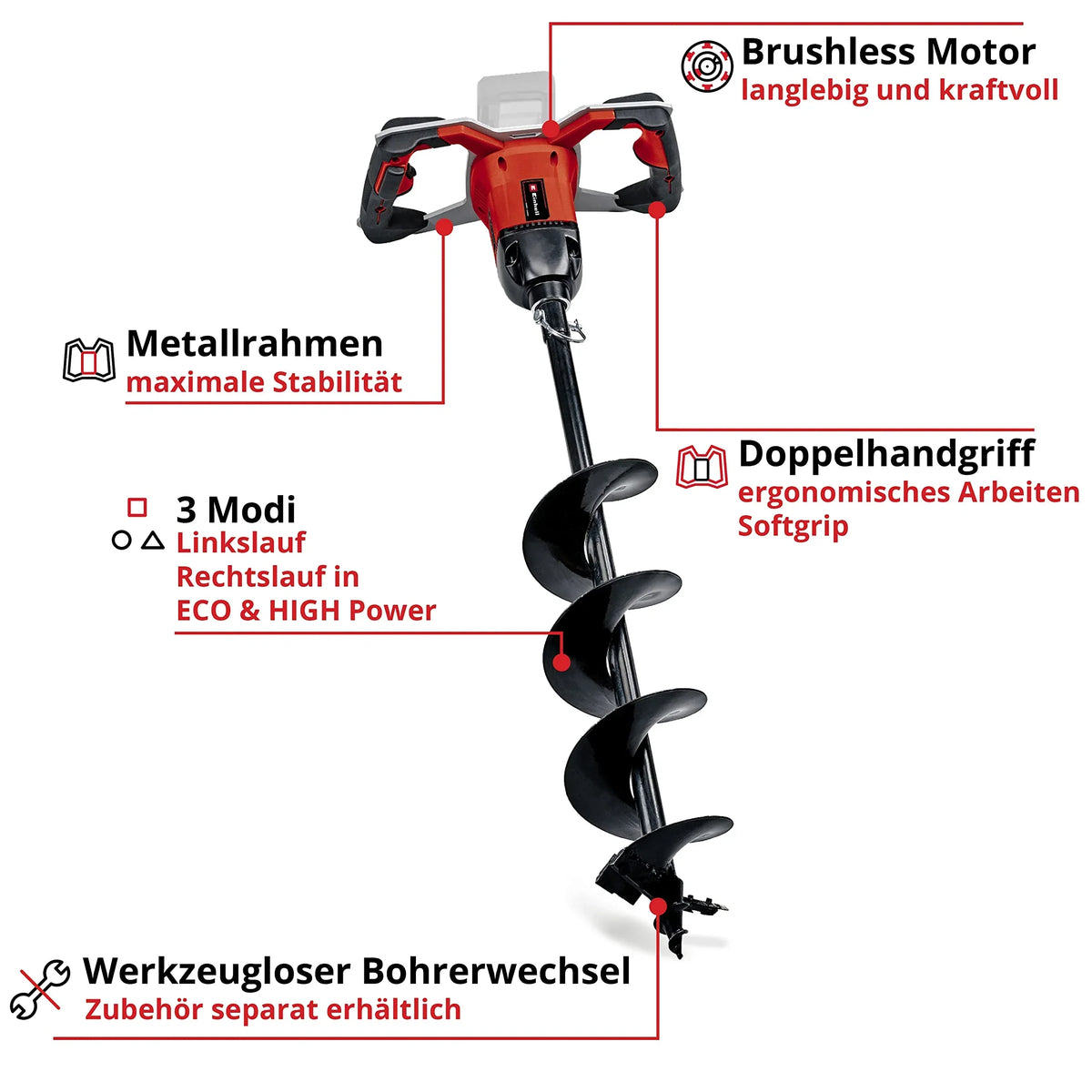 Barrenadora a batería Einhell GP-EA 18/150 Li BL Power X-Change 18V sin escobillas, 150 mm, 80 cm de profundidad de perforación, batería de 4,0 Ah y cargador