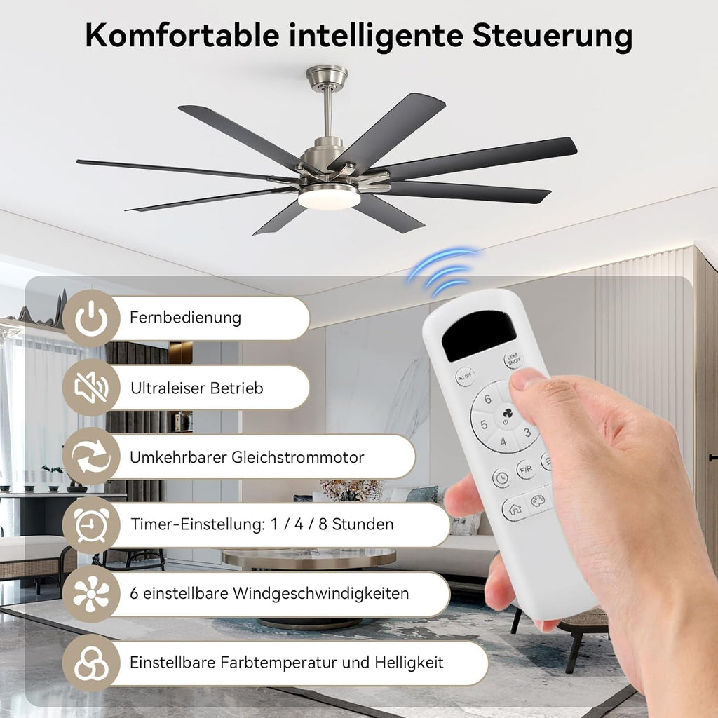 Ventilador de techo Sofucor de 132 cm con luz, ventilador de techo silencioso con luz y control remoto, CC, 8 aspas, 3 temperaturas de color, temporizador, 6 velocidades, modo verano e invierno para salón