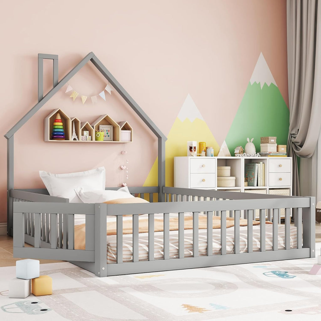 Cama infantil al suelo Merax 140x200 cm, cama casita con protección anticaídas y somier, forma de chimenea, valla abatible - Cama Montessori, cama juvenil, estructura de cama de madera (sin colchón), gris