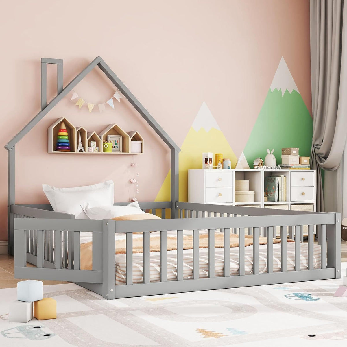 Cama infantil al suelo Merax 140x200 cm, cama casita con protección anticaídas y somier, forma de chimenea, valla abatible - Cama Montessori, cama juvenil, estructura de cama de madera (sin colchón), gris