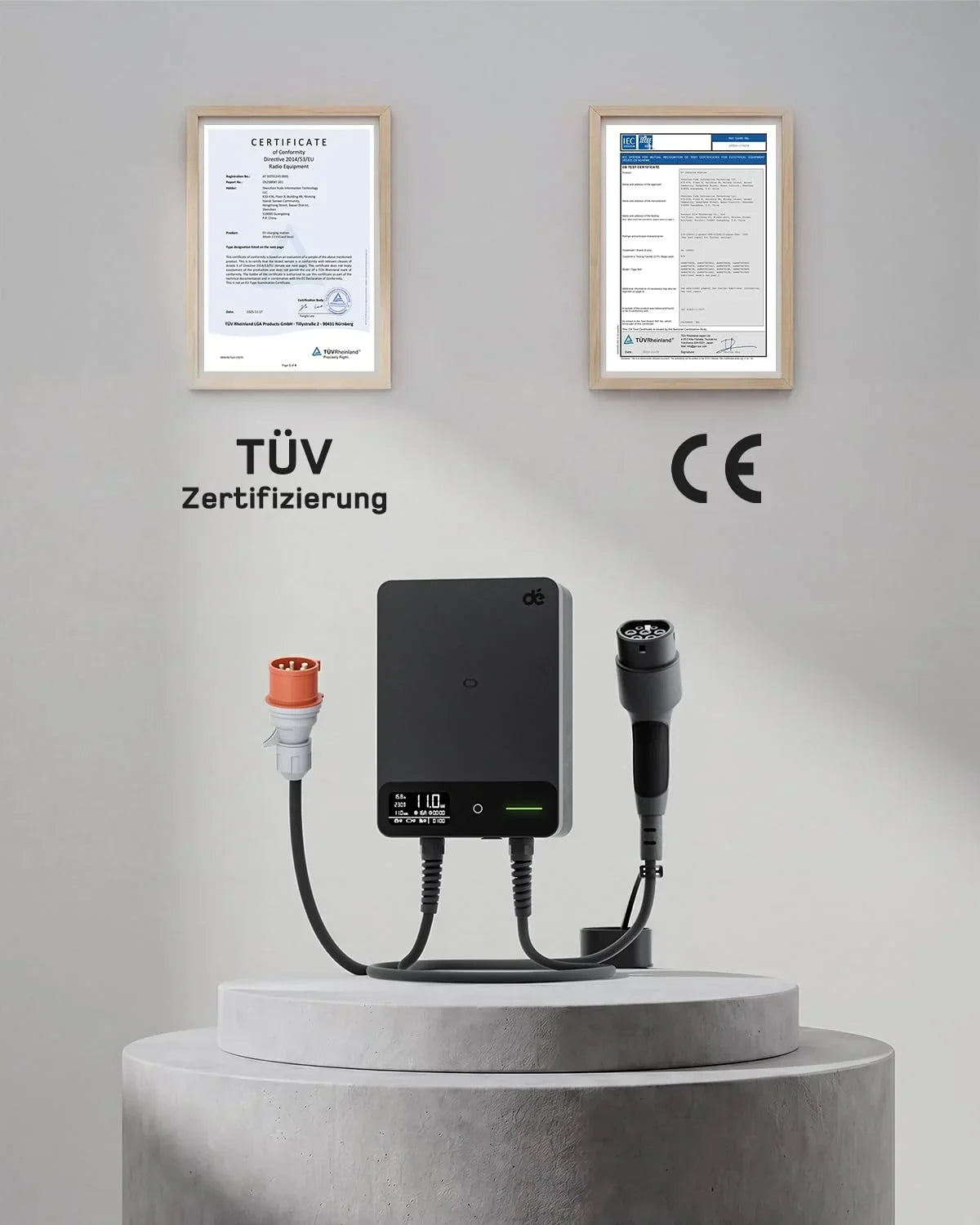 Wallbox 11kW, App, Tipo 2 7,5m, trifásica 400V, negro, soporte de cable, RCD Tipo A 30mA AC/6mA DC, IP54, §14a EnWG