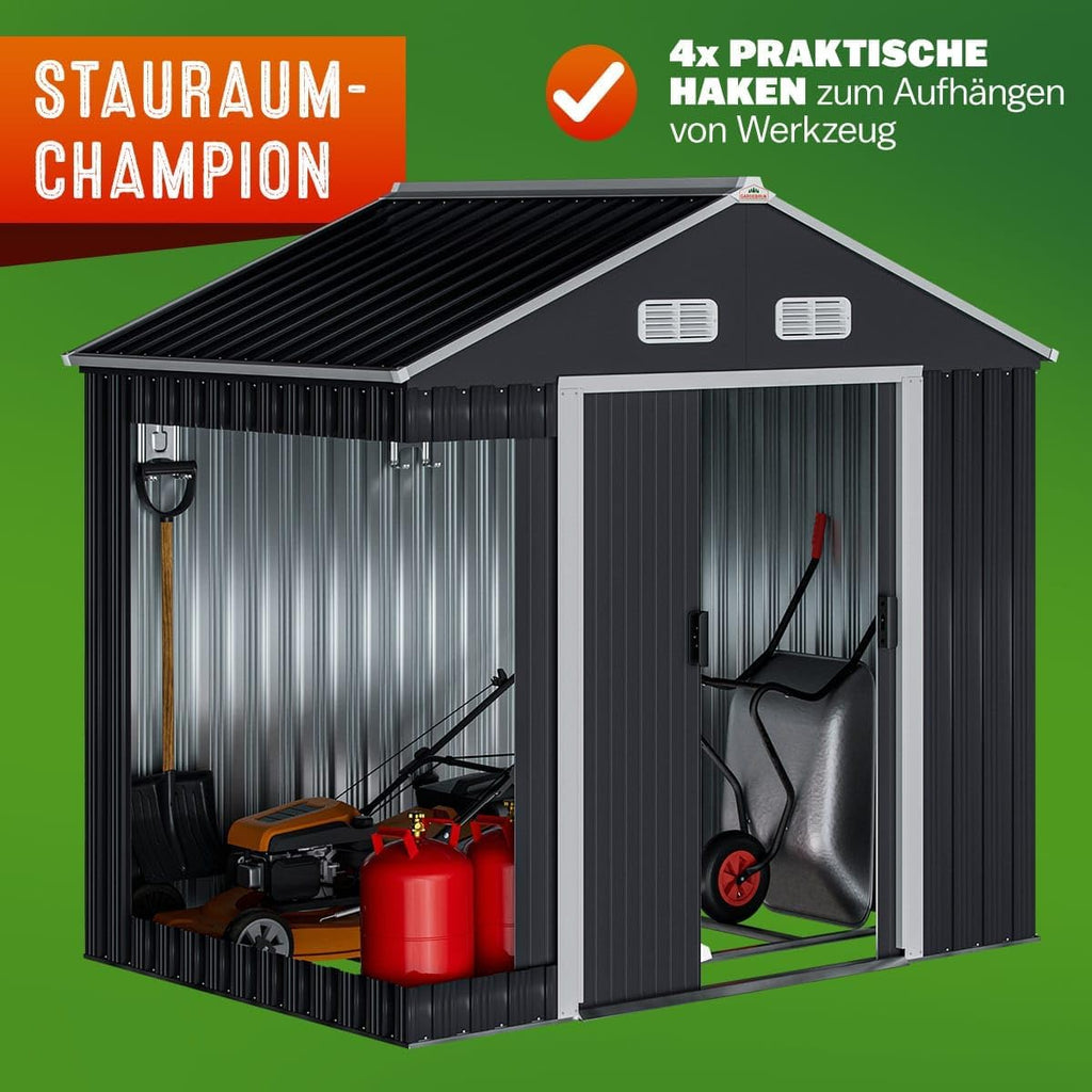 Caseta de jardín de metal GARDEBRUK® XL 2 m² con base 196x132x188 cm, puerta corredera, antracita, cobertizo de herramientas, caseta de jardín, armario 4 m³