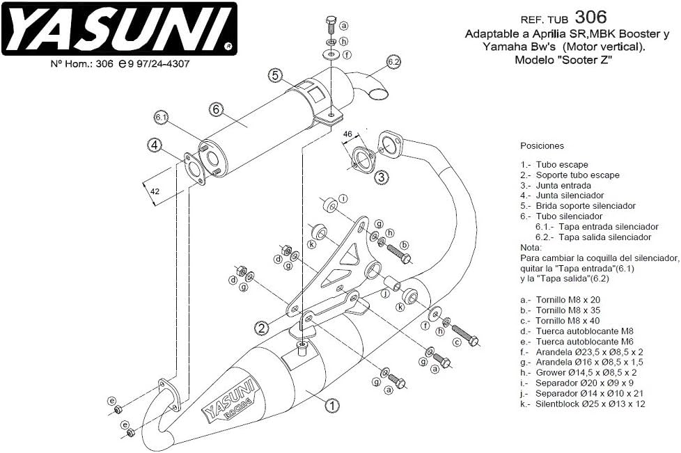 Escape YASUNI Z, negro, compatible con MBK Booster Rocket, Spirit, Track, Stunt, Naked, YAMAHA BWs, NG 50cc