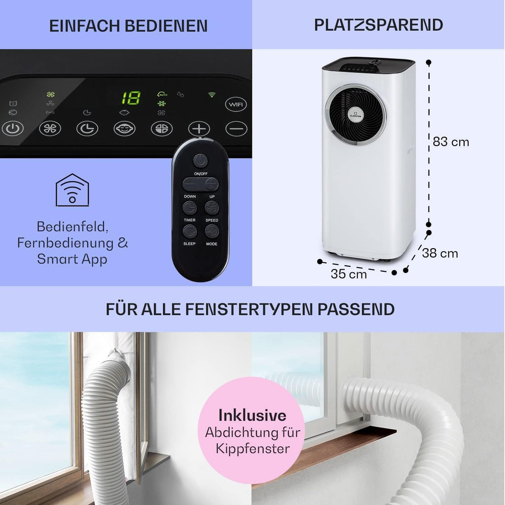 Acondicionador de aire portátil Klarstein con manguera de escape, unidad de climatización 5 en 1, ventilador, deshumidificador, purificador de aire y modo nocturno, control por aplicación, pequeño y portátil, para hogar y oficina, 12000 BTU