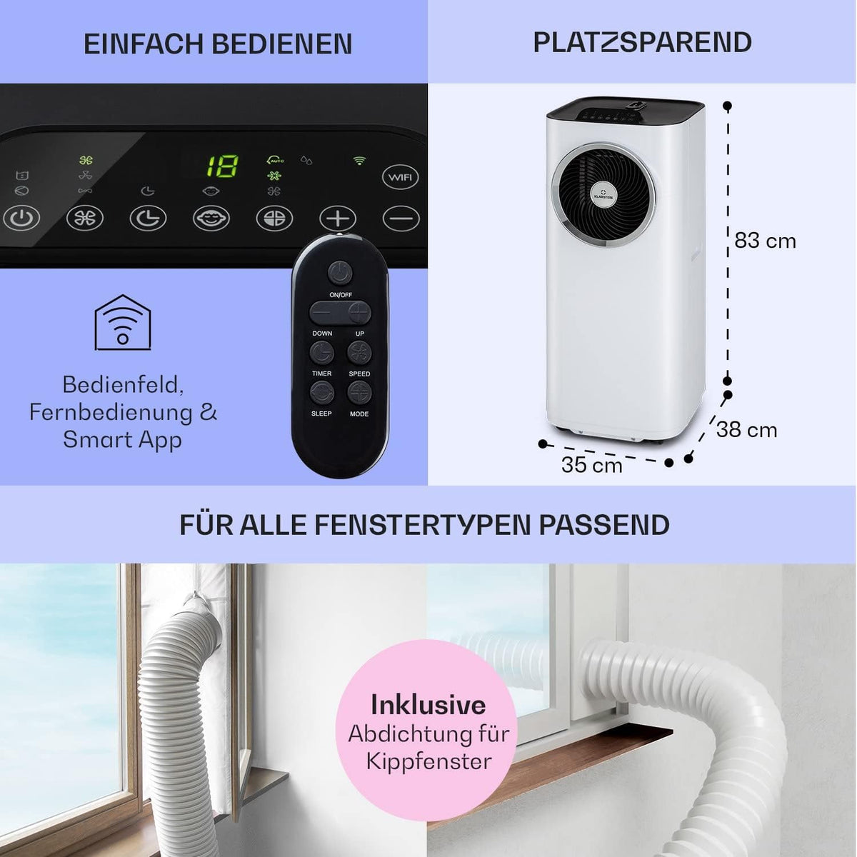 Acondicionador de aire portátil Klarstein con manguera de escape, unidad de climatización 5 en 1, ventilador, deshumidificador, purificador de aire y modo nocturno, control por aplicación, pequeño y portátil, para hogar y oficina, 12000 BTU