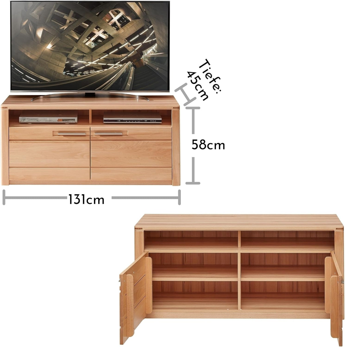 Mueble para TV möbelando >Nature One<, mueble bajo para TV en haya maciza (parcialmente), certificado FSC - Mueble de TV moderno con mucho espacio de almacenamiento para su salón - 131 x 58 x 45 cm (ancho/alto/fondo)