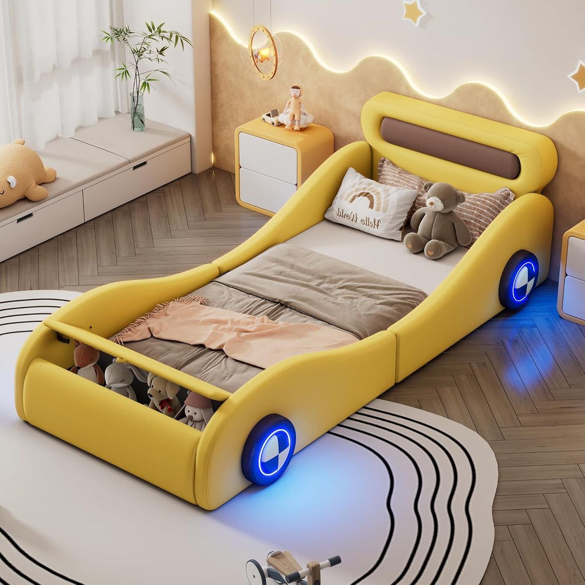 Cama infantil con forma de coche, cama juvenil 90x200, cama tapizada individual con ruedas iluminadas y espacio de almacenamiento, emocionante cama infantil de carreras, cama de juegos para niños con somier, PU, sin colchón, amarillo