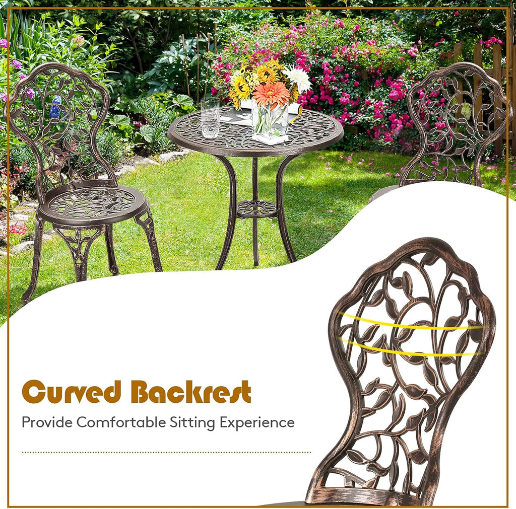 GIANTEX 3 TLG. Bistro Set, Bistrotisch mit 2 Stühlen, Gartenmöbel Set Alu, Gartenset Balkonset antik, runder Gartentisch, Balkonmöbel Set Garten Sitzgruppe 2 Sitzhocker Outdoor Bronze