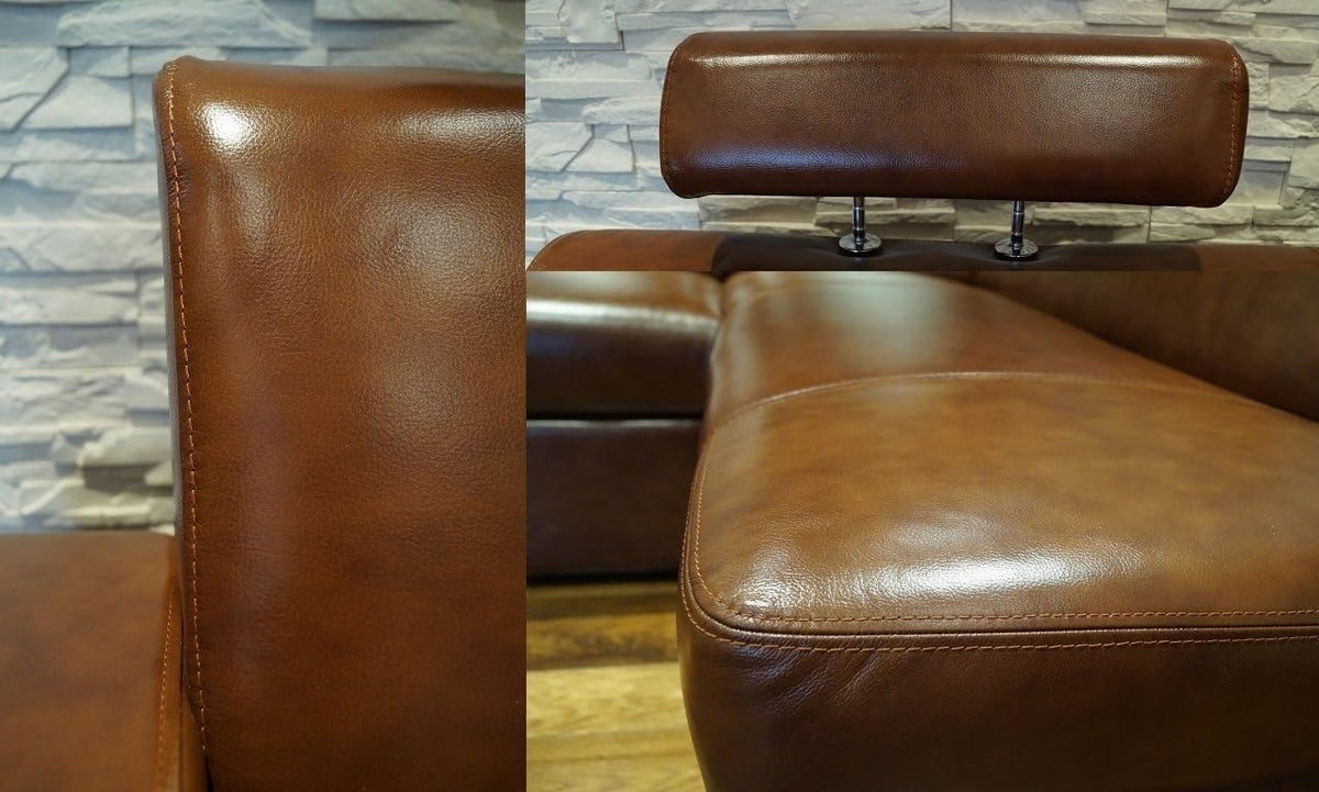 Sofá esquinero de piel auténtica Antalya II 3 plazas 245 x 164 cm con función de cama, arcón y reposacabezas, sofá en esquina de cuero auténtico marrón antiguo 3000