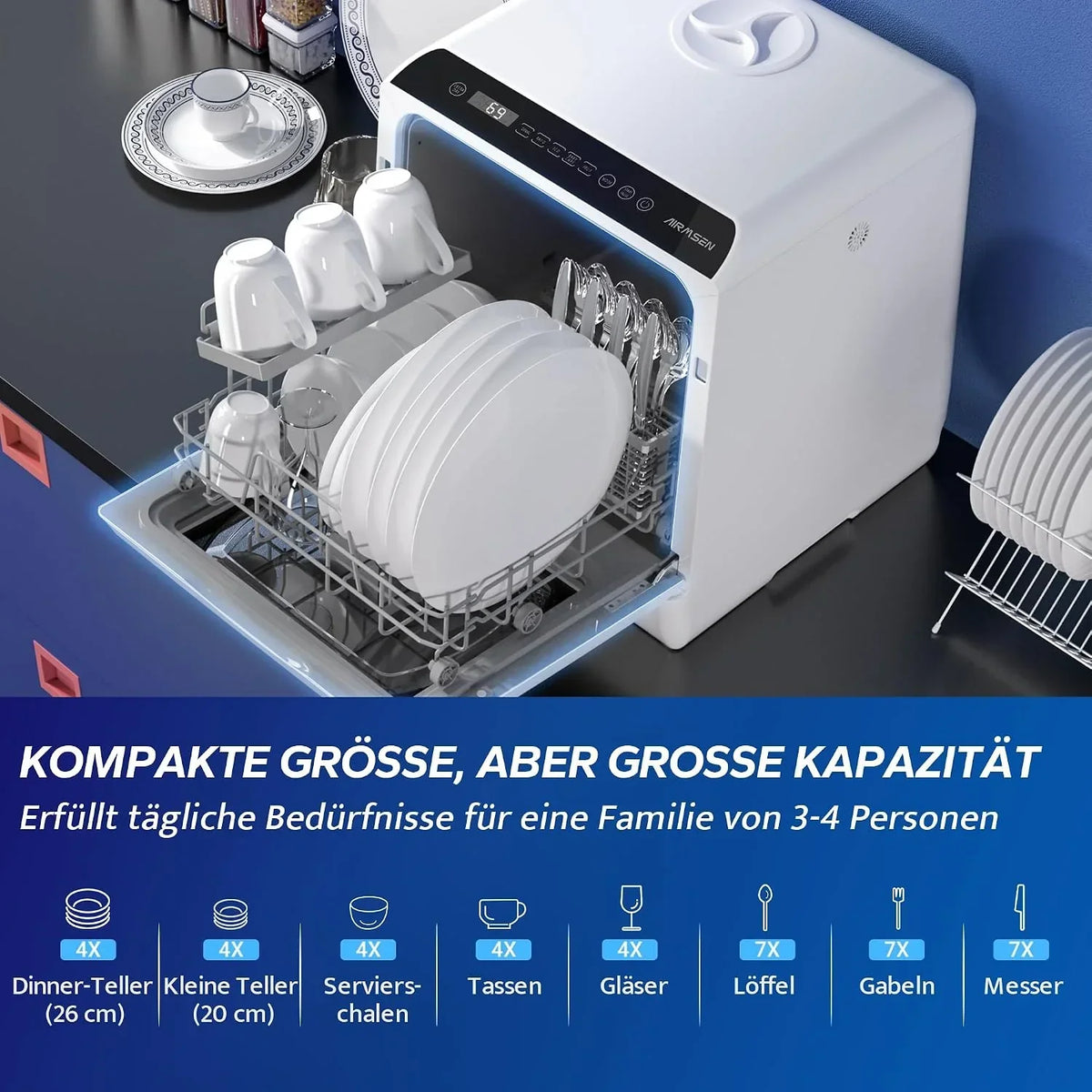 Lavavajillas de sobremesa AE-TDQR03 Mini lavavajillas con depósito de agua de 5L, 6 programas, control táctil, pantalla LED, 400W