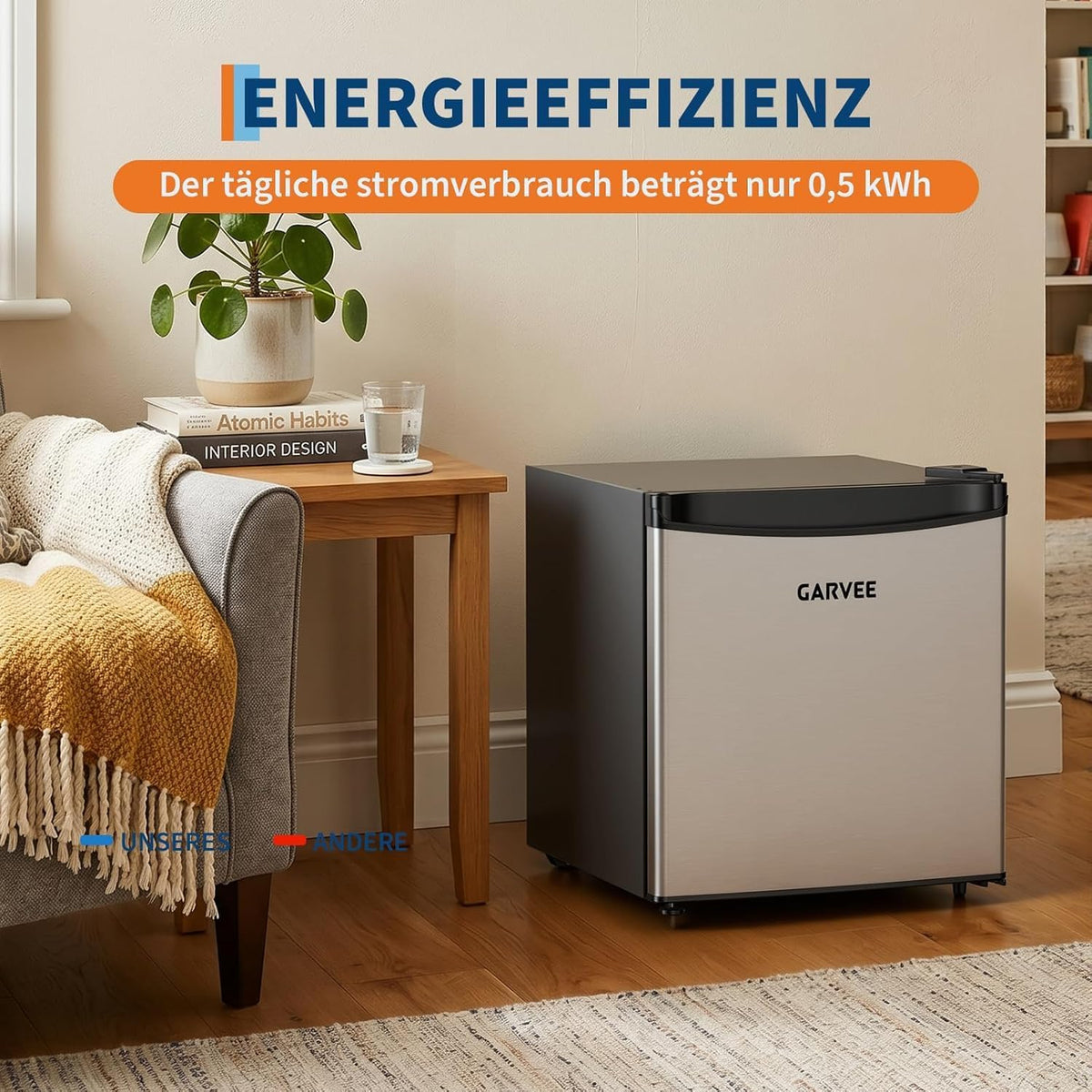 Mininevera Garvee Leiser 45L – frontal de acero inoxidable, 5 niveles de temperatura (0–18 °C), cajón para verduras, patas ajustables, compacta y eficiente energéticamente – para habitaciones y oficina – Estándar europeo