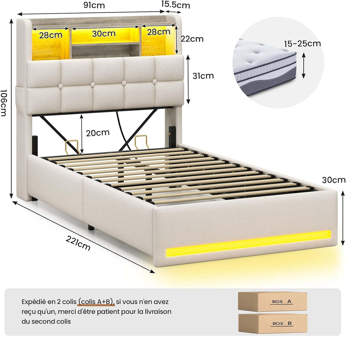 Cama tapizada AOGLLATI 90×200 cm, cama hidráulica con almacenamiento e iluminación LED, cama juvenil con estación de carga, cama individual con cabecero con almacenamiento, tela de lino, sin colchón (beige, 90x200 cm)