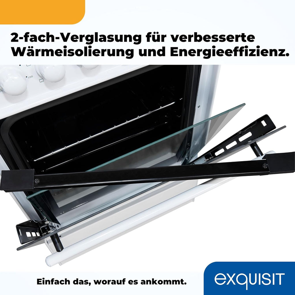 Cocina independiente Exquisit, cocina de 50 cm con placa vitrocerámica, calor superior/inferior, horno con ventilador y grill, cocina eléctrica independiente de 50 cm, color blanco, ECM 5-4-1