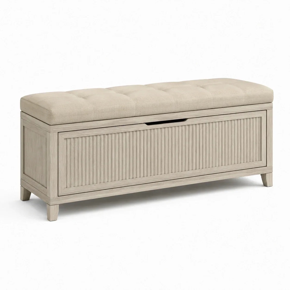 Banco de almacenamiento de madera con tapizado de lino beige