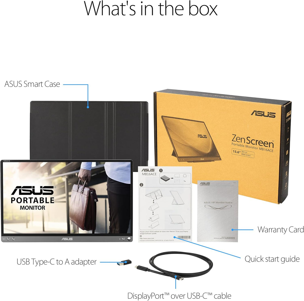 ASUS ZenScreen MB16ACE - Monitor portátil de 15.6" FHD - Teletrabajo o gaming - Alimentación y pantalla vía USB-C o USB-A - Panel IPS - 1920x1080 - 220cd/m² - Flicker Free, Plata
