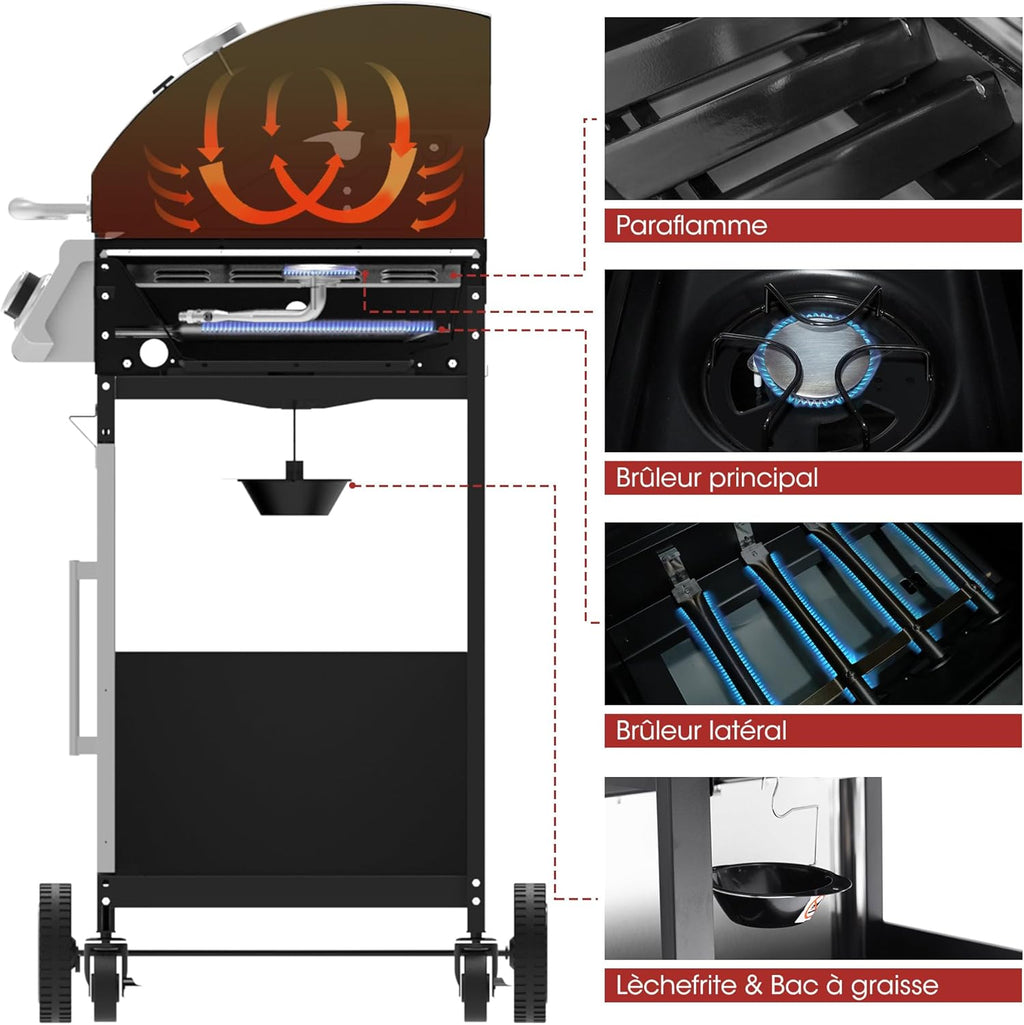 Barbacoa de Gas Royal Gourmet de 4+1 Quemadores de Acero Inoxidable, Parrilla de Gas de 14,5 kW de Potencia con Mesas y Termómetro, 2 Ruedas Direccionales, 2 Puertas, Adecuada para Jardín y Exterior, Plata