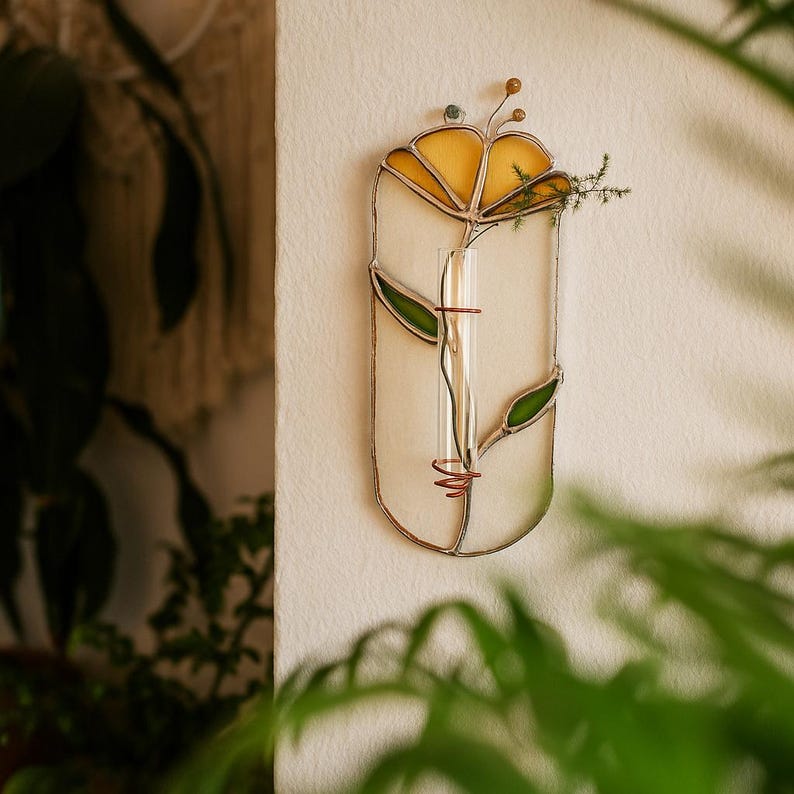Jarrón de pared de vidrieras Tiffany amarillo con tubo de ensayo, hecho a mano, 21 cm de altura