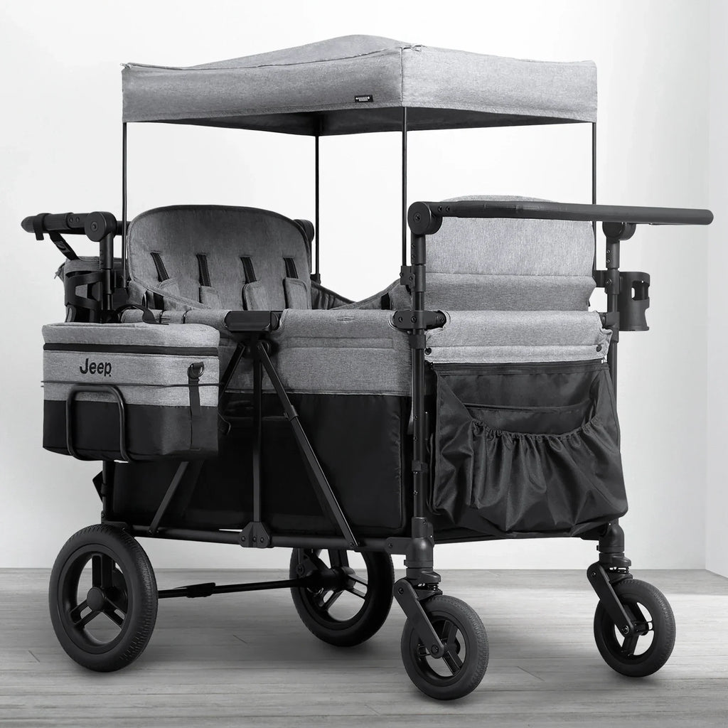 Jeep Wrangler Deluxe Stroller Wagon for 4 Kids – Removable Canopy, Cooler Bag, Modular Seats, XXL Storage, All-Terrain Tires, Adjustable Handlebars