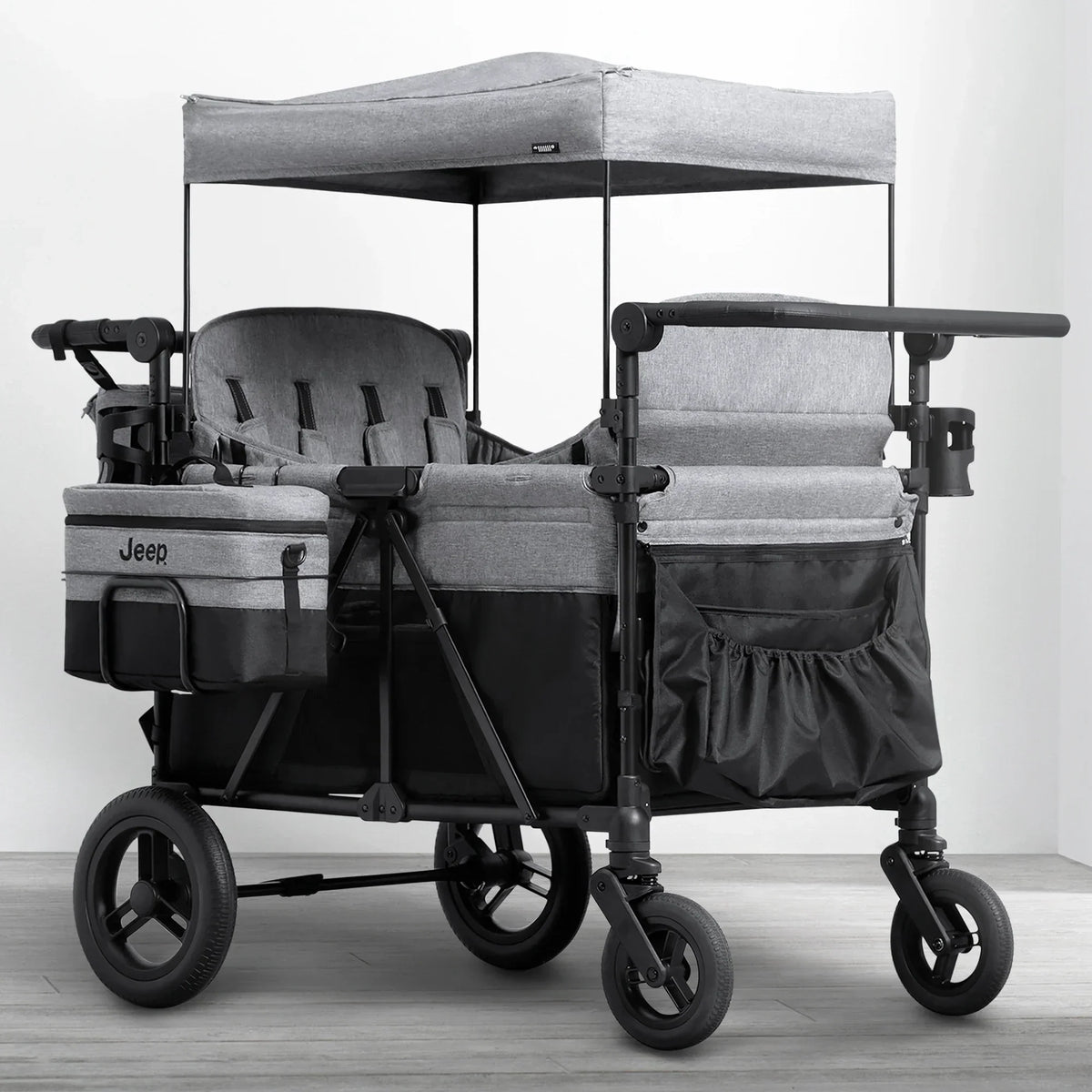 Jeep Wrangler Deluxe Stroller Wagon for 4 Kids – Removable Canopy, Cooler Bag, Modular Seats, XXL Storage, All-Terrain Tires, Adjustable Handlebars