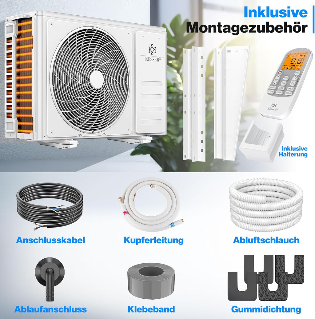 KESSER® Set de aire acondicionado Split - con función WiFi/App - Refrigeración A++/ Calefacción A+ - 9000 BTU/h (2600 vatios) Refrigerante R32 - Mando a distancia, función de temporizador - Incluye material de montaje completo