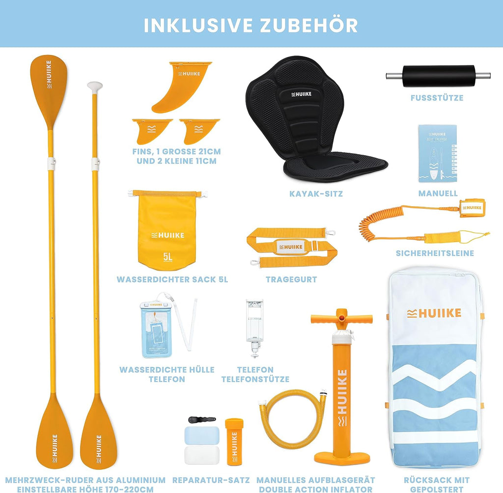 Tabla de Stand Up Paddle HUIIKE con accesorios, remo, aletas, correa, bomba y mochila. Tabla de SUP inflable de gran estabilidad y resistencia. Convertible en kayak, 305-365 cm, soporta 130-170 kg.