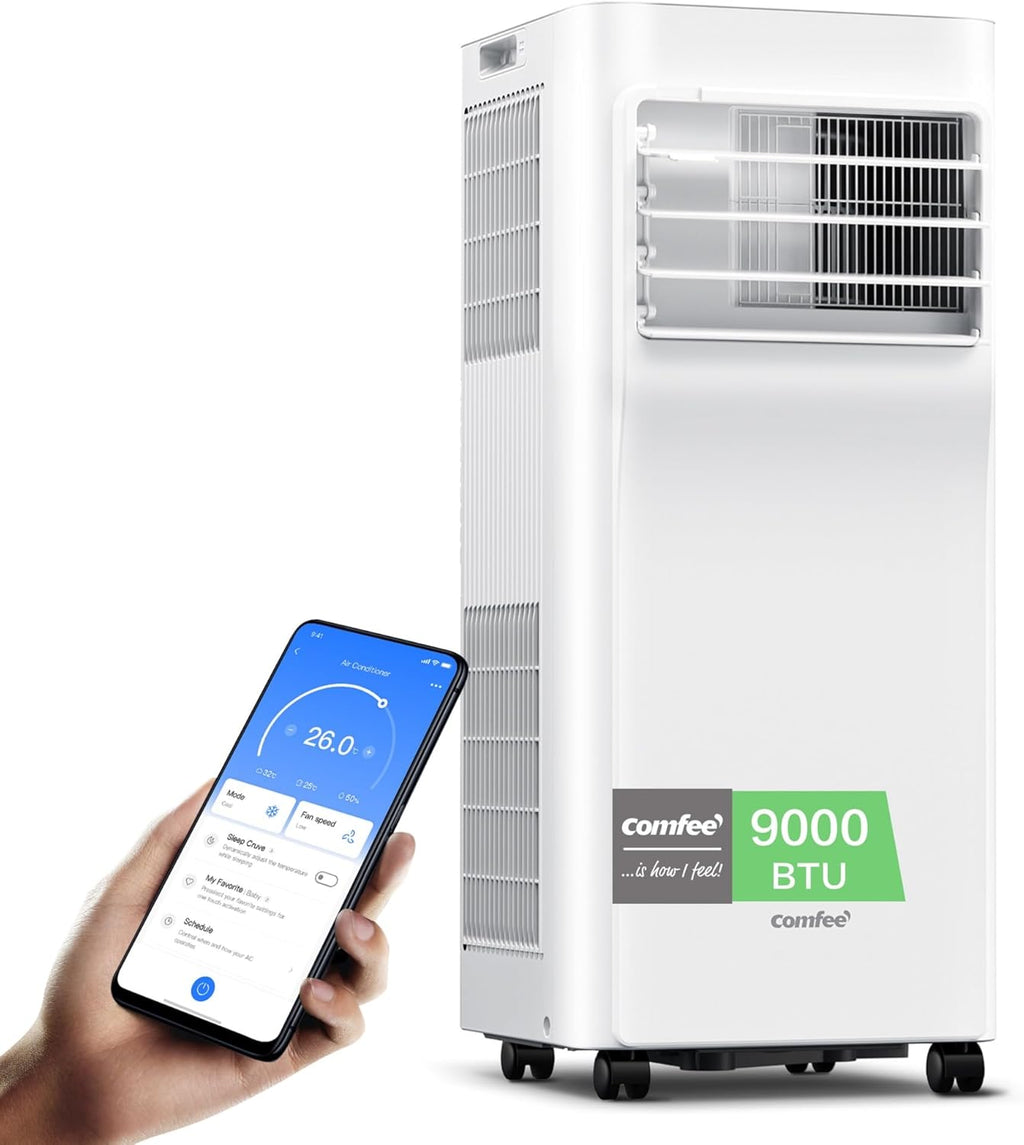 Aire acondicionado portátil Comfee Breezy Cool Pro 2.6, 9000 BTU 2,6 kW, refrigeración, ventilación y deshumidificación, control por aplicación, para habitaciones de hasta 88 m³ (33 ㎡), aire acondicionado móvil con tubo de escape [clase energética A]