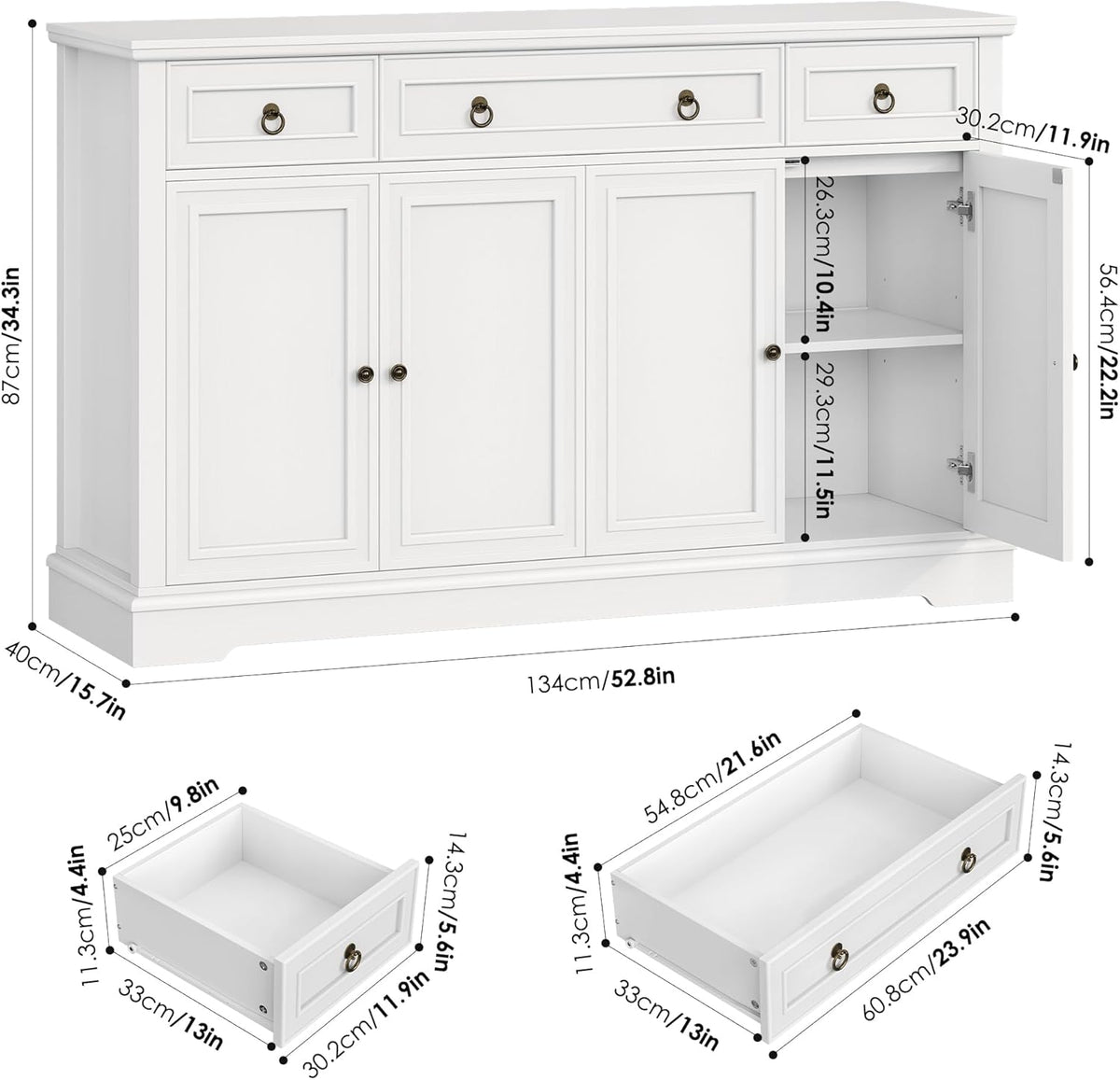 Aparador FirFurd, mueble de cocina con encimera, armario buffet para cocina y salón, mueble de salón con 3 cajones y 4 puertas, buffet de cocina con estante ajustable, 134x87x40 cm, blanco