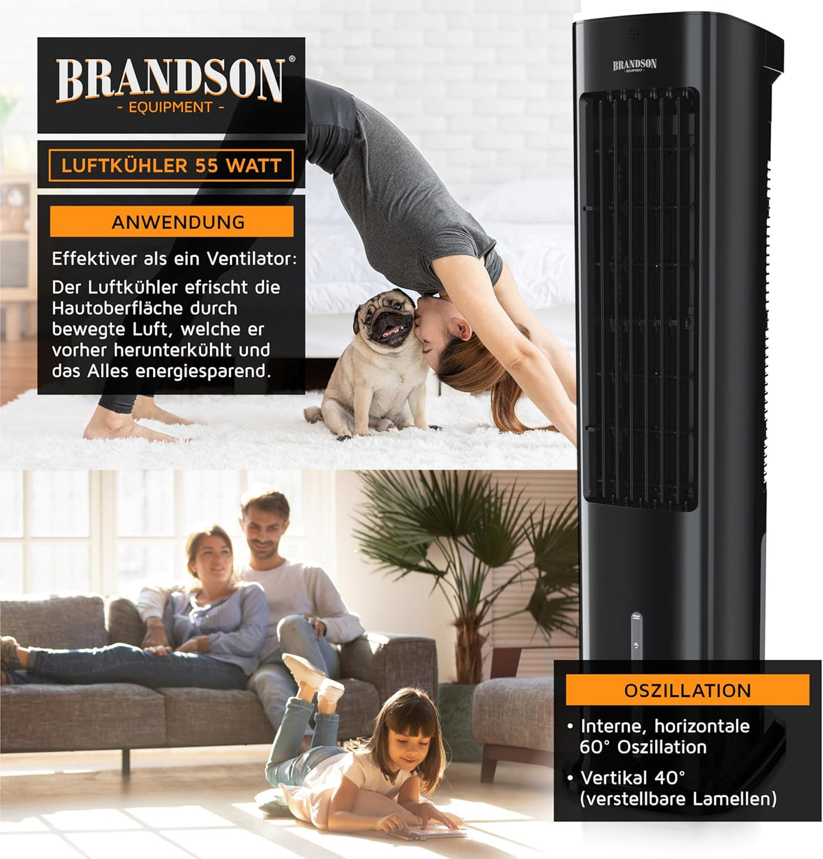 Brandson - Enfriador de aire por agua 5 en 1 - Enfriador evaporativo, humidificador, ventilador y purificador de aire, aire acondicionado portátil sin tubo de escape - Galardonado 2025 - silencioso - depósito de agua de 5 L