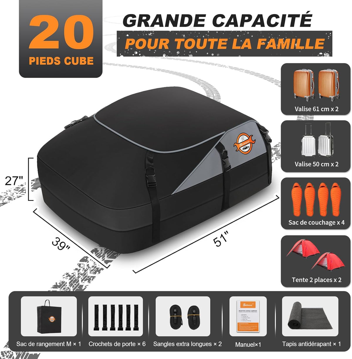 Cofre de techo Sailnovo, 580 l, cofre de techo impermeable con o sin barras de techo, 6 ganchos de seguridad y bolsa de almacenamiento incluidos.