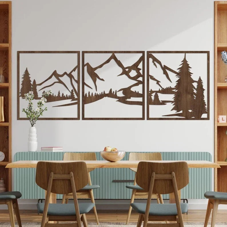 Arte de pared de montañas en madera, HDF 3 mm, decoración de pared rústica para sala de estar, dormitorio, oficina