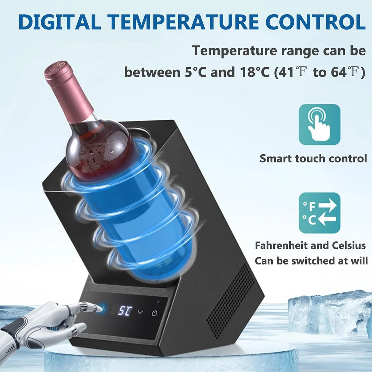 Elektryczna chłodziarka do wina na jedną butelkę, cyfrowa regulacja temperatury 41-64°F, przenośna chłodziarka do wina bez lodu do domowej kuchni i na imprezę