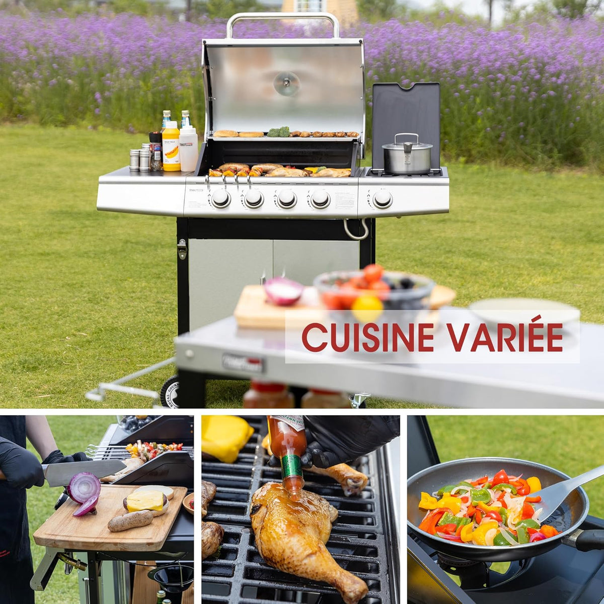 Barbacoa de Gas Royal Gourmet de 4+1 Quemadores de Acero Inoxidable, Parrilla de Gas de 14,5 kW de Potencia con Mesas y Termómetro, 2 Ruedas Direccionales, 2 Puertas, Adecuada para Jardín y Exterior, Plata