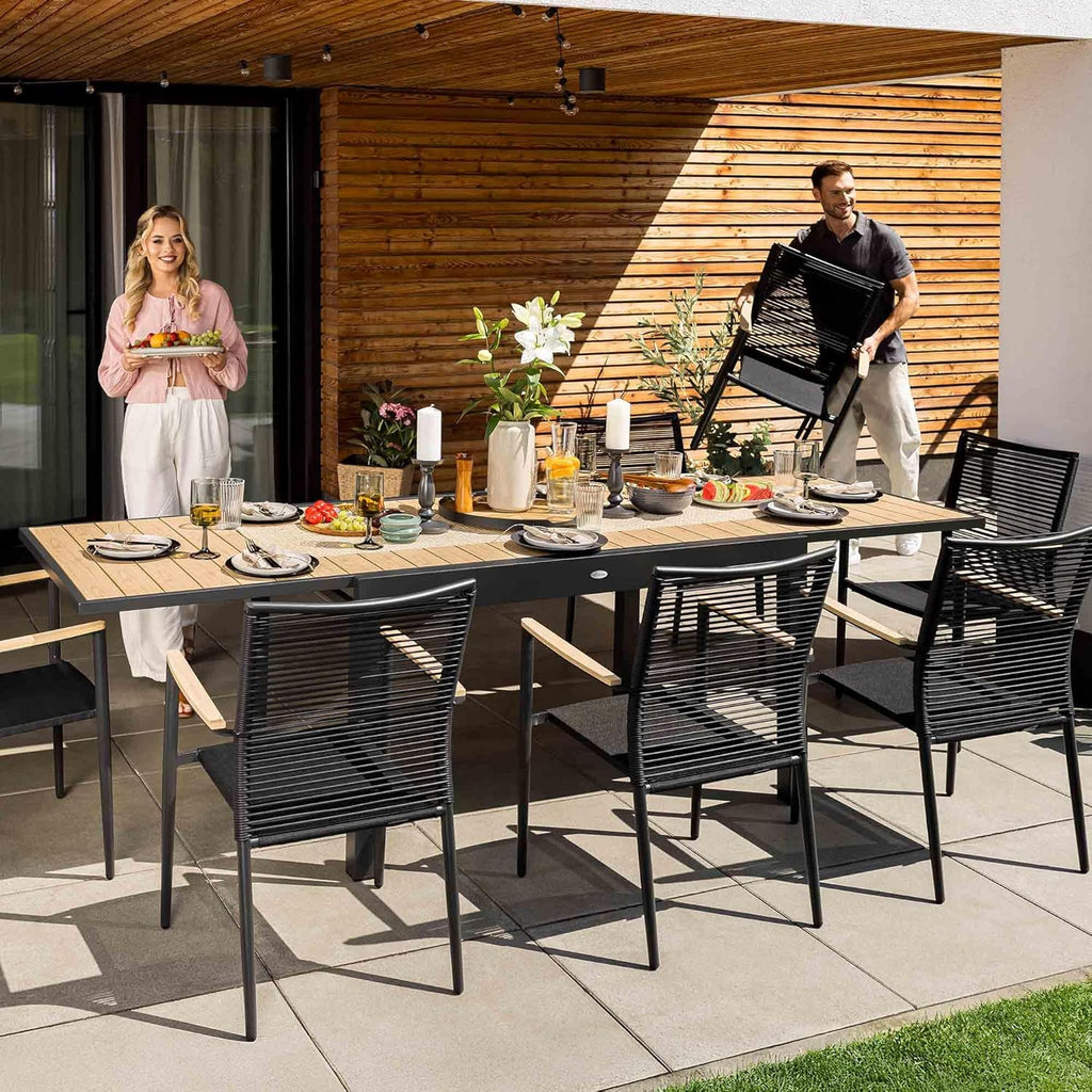 Mesa de jardín extensible di volio Galipo 135-270 cm – Mesa de terraza de aluminio resistente a la intemperie para 6-12 personas – Mesa de comedor con aspecto de madera y patas ajustables (beige)