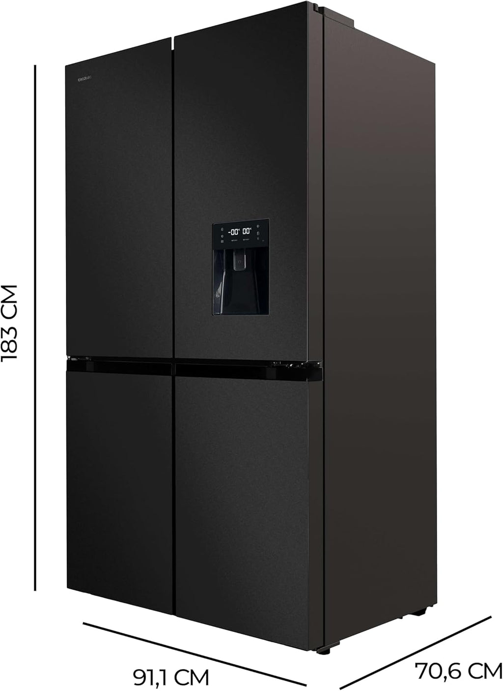 Frigorífico Americano de 4 puertas Cecotec Dark de 564 L Bolero CoolMarket 4D 564 Dark E. 183 cm de altura, 91 cm de ancho, dispensador de agua, motor Inverter Plus, Total NoFrost.