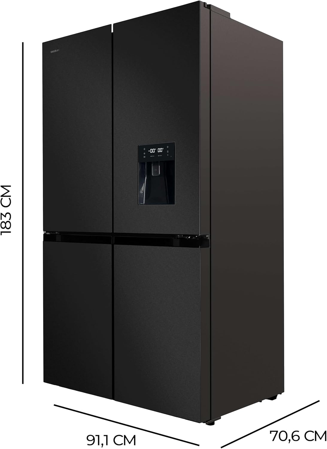 Frigorífico Americano de 4 puertas Cecotec Dark de 564 L Bolero CoolMarket 4D 564 Dark E. 183 cm de altura, 91 cm de ancho, dispensador de agua, motor Inverter Plus, Total NoFrost.