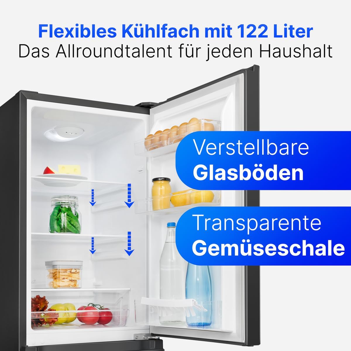 Bomann, KG320, Refrigerador y congelador 175L, Control de temperatura continuo, Bisagras de puerta a la derecha, intercambiables, Patas ajustables, Negro