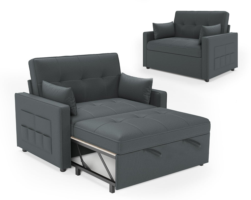 Sofá cama 3 en 1 LUXOAK 186 x 122 cm, gris, respaldo ajustable, acolchado cómodo de 12 cm, estructura de madera maciza y metal