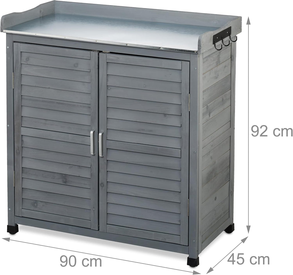 Relaxdays Mesa de cultivo con armario inferior, 3 ganchos, madera, encimera de zinc, Al x An x Pr: 92 x 90 x 45 cm, armario de jardín, gris