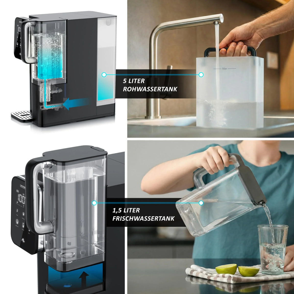 Sistema de ósmosis inversa Arendo, agua 99,99% pura, filtro de 7 etapas (5+2), sin instalación, dispensador de agua caliente de 40 a 100 °C, TDS