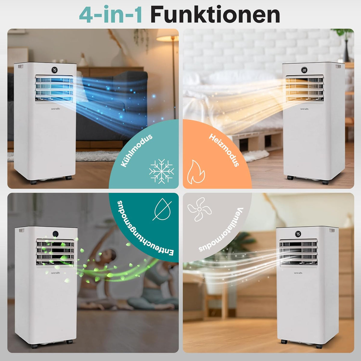 SereneLife Mobile Klimaanlage 9000BTU mit Abluftschlauch, 4-in-1 Klimagerät mit WLAN, Kühlen, Heizen Ventilator und Entfeuchter, bis 31 m², 24h Timer, 55dB, Inkl. Fensterkit, für Zuhause, Büro